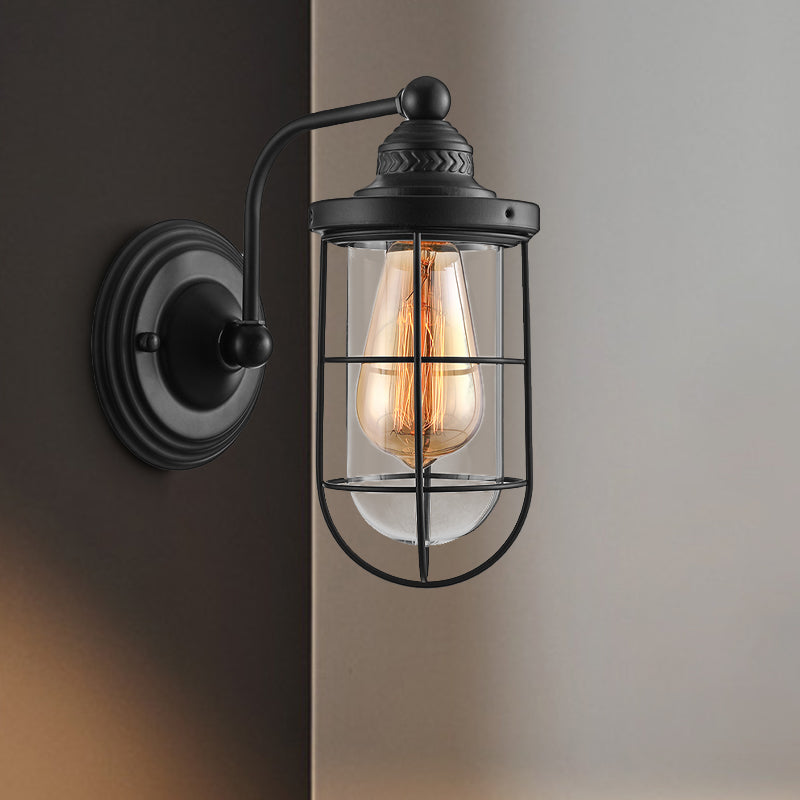 Avtoit | Industrial wire cage wall lighting 1/2-lamp clear glass wall lamp in black for stairs.