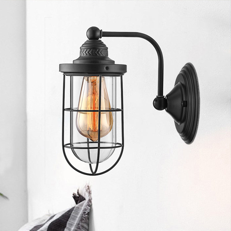 Avtoit | Industrial wire cage wall lighting 1/2-lamp clear glass wall lamp in black for stairs.