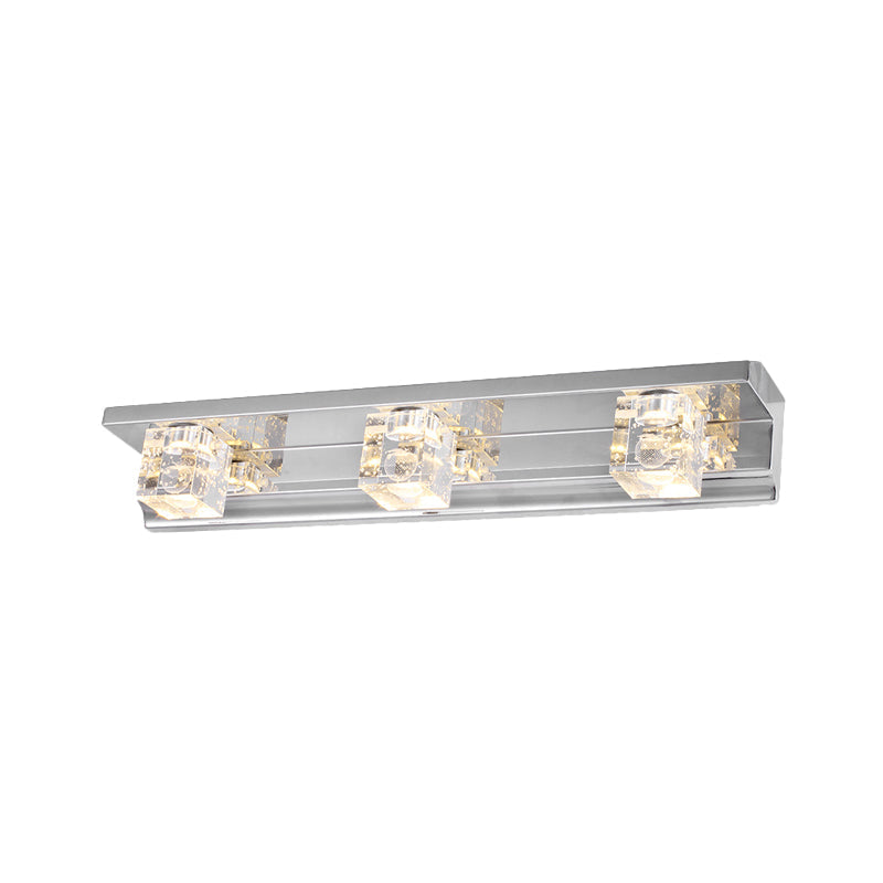 Avtoit | Clear Crystal Cube Wall Sconce Modern Style 3 Heads Silver Finish Vanity Light Fixture in Warm/White Light, 12.5"/18" B