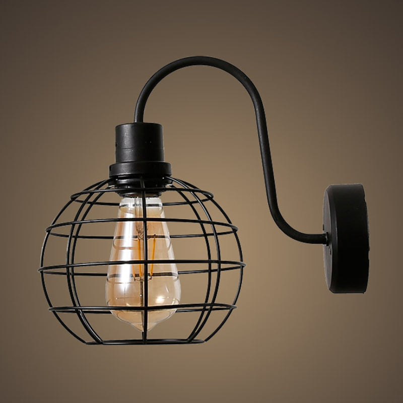 Avtoit | 1 Bulb Wall Light Retro Style Wire Global Cage Metal Wall Light in Black for Living Room