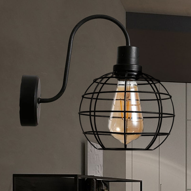 Avtoit | 1 Bulb Wall Light Retro Style Wire Global Cage Metal Wall Light in Black for Living Room