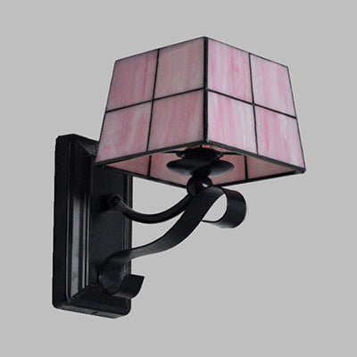 Avtoit | Pink/Blue/Beige Square Wall Lamp Tiffany Style Colored Glass 1 Light Wall Mount Fixture for Bedroom