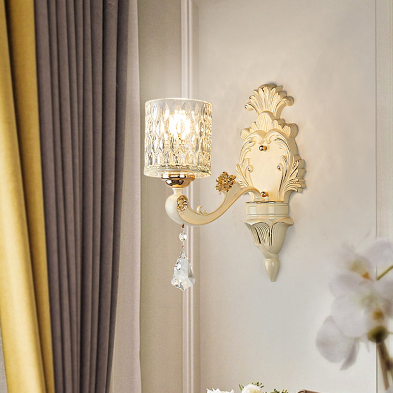 Avtoit | Cylinder Wall Light Modern Clear Dimpled Glass 1/2 Heads Gold Wall Mounted Light with Crystal Drops
