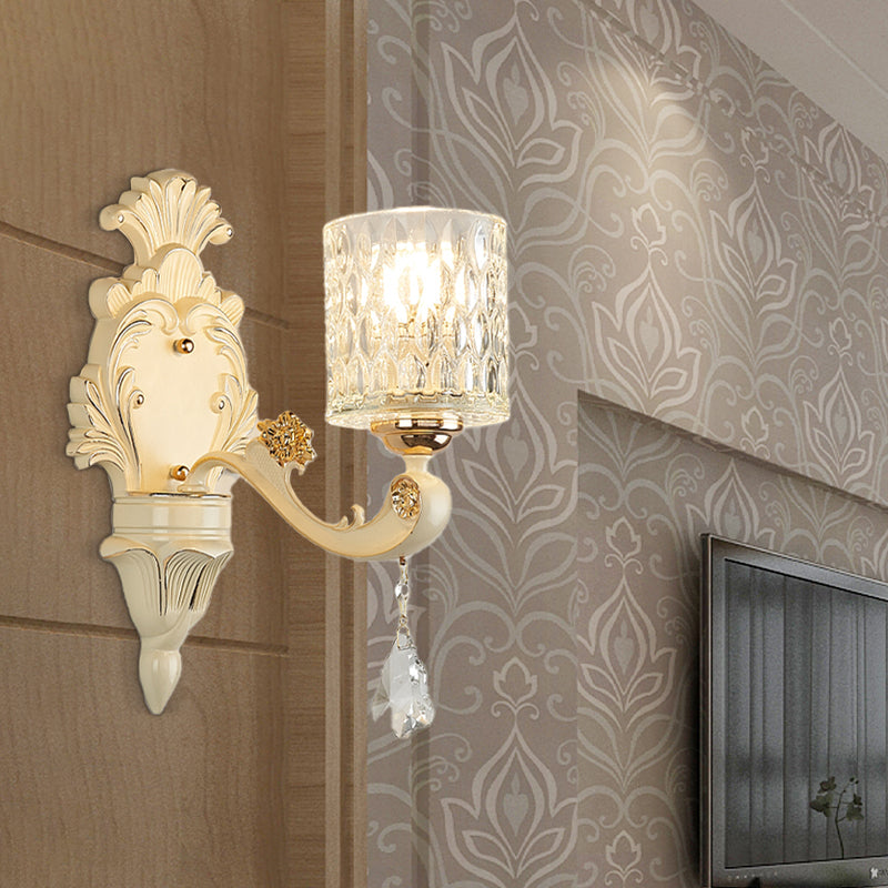 Avtoit | Cylinder Wall Light Modern Clear Dimpled Glass 1/2 Heads Gold Wall Mounted Light with Crystal Drops