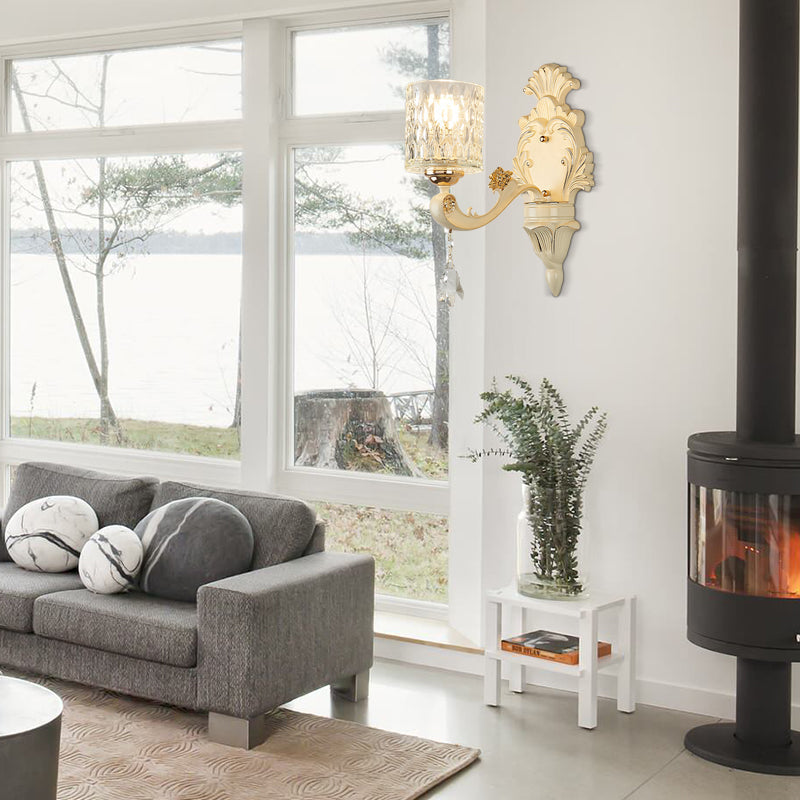 Avtoit | Cylinder Wall Light Modern Clear Dimpled Glass 1/2 Heads Gold Wall Mounted Light with Crystal Drops