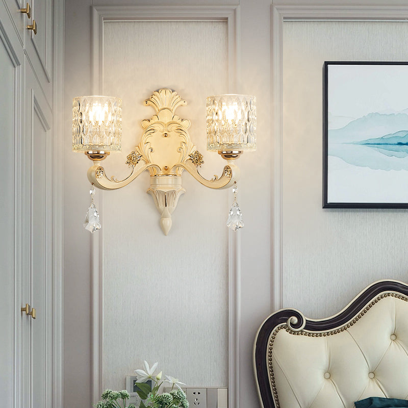 Avtoit | Cylinder Wall Light Modern Clear Dimpled Glass 1/2 Heads Gold Wall Mounted Light with Crystal Drops