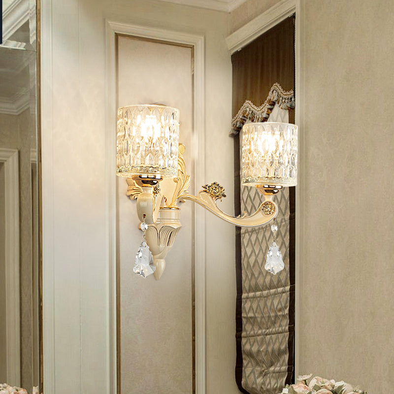 Avtoit | Cylinder Wall Light Modern Clear Dimpled Glass 1/2 Heads Gold Wall Mounted Light with Crystal Drops