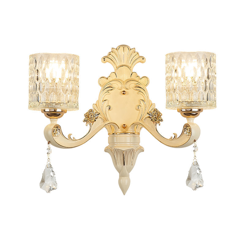 Avtoit | Cylinder Wall Light Modern Clear Dimpled Glass 1/2 Heads Gold Wall Mounted Light with Crystal Drops