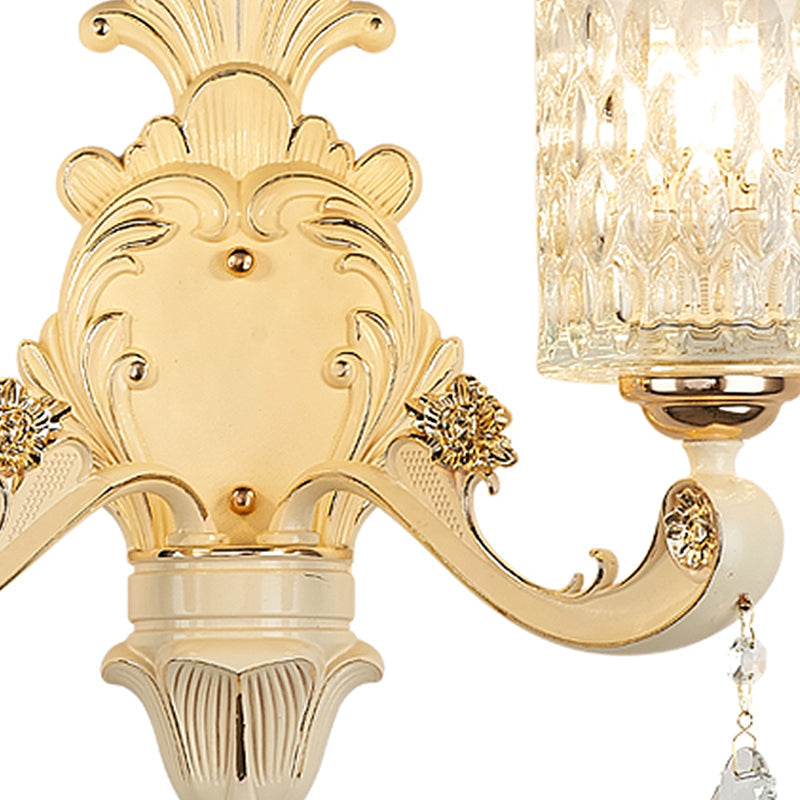Avtoit | Cylinder Wall Light Modern Clear Dimpled Glass 1/2 Heads Gold Wall Mounted Light with Crystal Drops