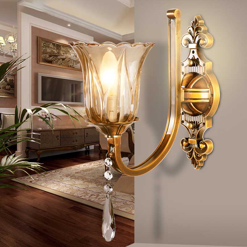 Avtoit | Cognac Glass Flower Wall Mounted Light Vintage 1/2 Heads Brass Wall Light with Crystal Drops