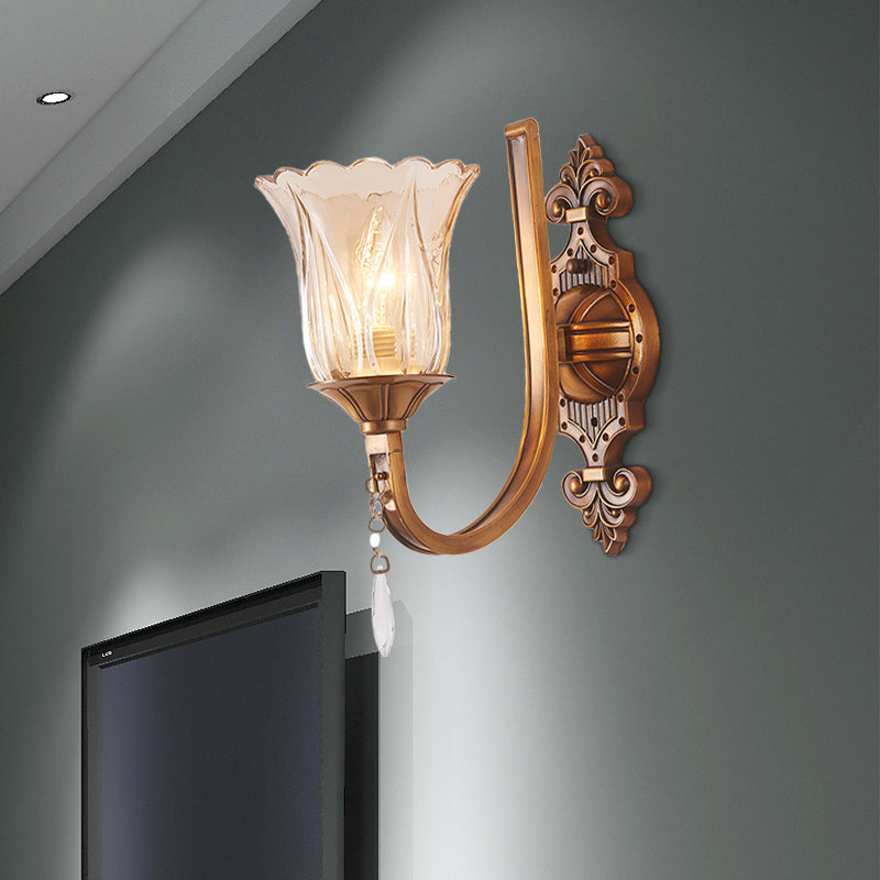 Avtoit | Cognac Glass Flower Wall Mounted Light Vintage 1/2 Heads Brass Wall Light with Crystal Drops