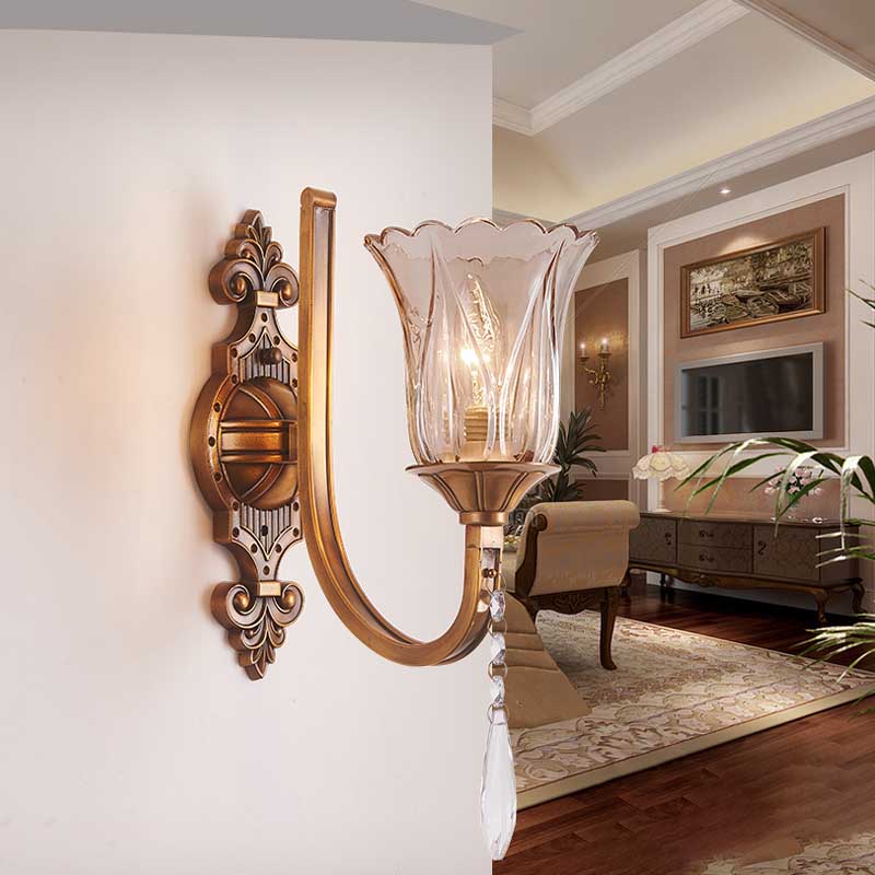 Avtoit | Cognac Glass Flower Wall Mounted Light Vintage 1/2 Heads Brass Wall Light with Crystal Drops