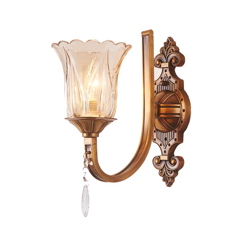 Avtoit | Cognac Glass Flower Wall Mounted Light Vintage 1/2 Heads Brass Wall Light with Crystal Drops