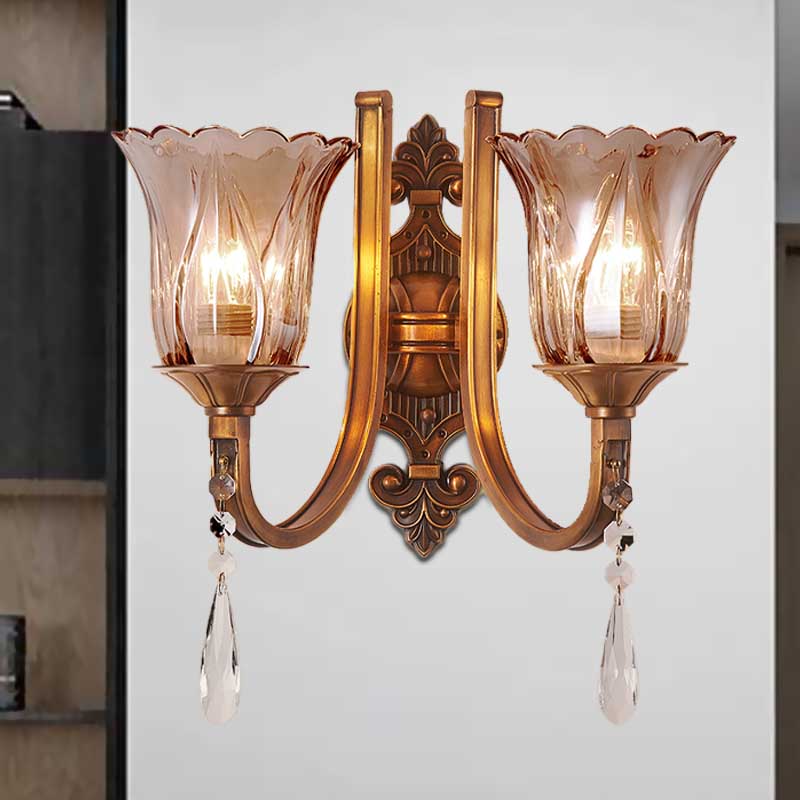 Avtoit | Cognac Glass Flower Wall Mounted Light Vintage 1/2 Heads Brass Wall Light with Crystal Drops