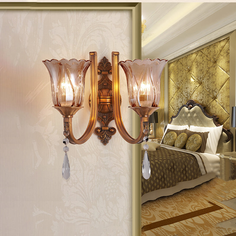 Avtoit | Cognac Glass Flower Wall Mounted Light Vintage 1/2 Heads Brass Wall Light with Crystal Drops