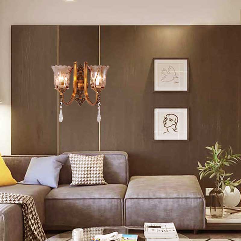 Avtoit | Cognac Glass Flower Wall Mounted Light Vintage 1/2 Heads Brass Wall Light with Crystal Drops