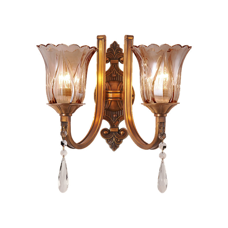 Avtoit | Cognac Glass Flower Wall Mounted Light Vintage 1/2 Heads Brass Wall Light with Crystal Drops