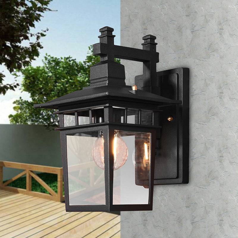 Avtoit | Lantern Clear Glass Wall Hanging Lamp Industrial Single Bulb Veranda Wall Light in Black