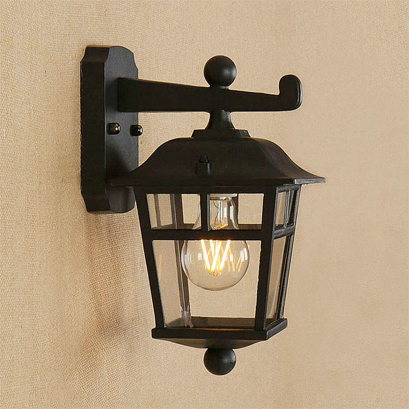 Avtoit | Lantern Clear Glass Wall Hanging Lamp Industrial Single Bulb Veranda Wall Light in Black