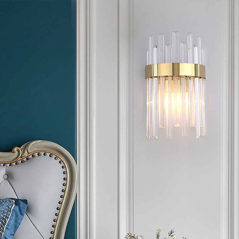 Avtoit | 2 Heads Bedroom Wall Light Postmodern Black/Gold Wall Lamp with Half Cylinder Three Sides Crystal Rod Shade