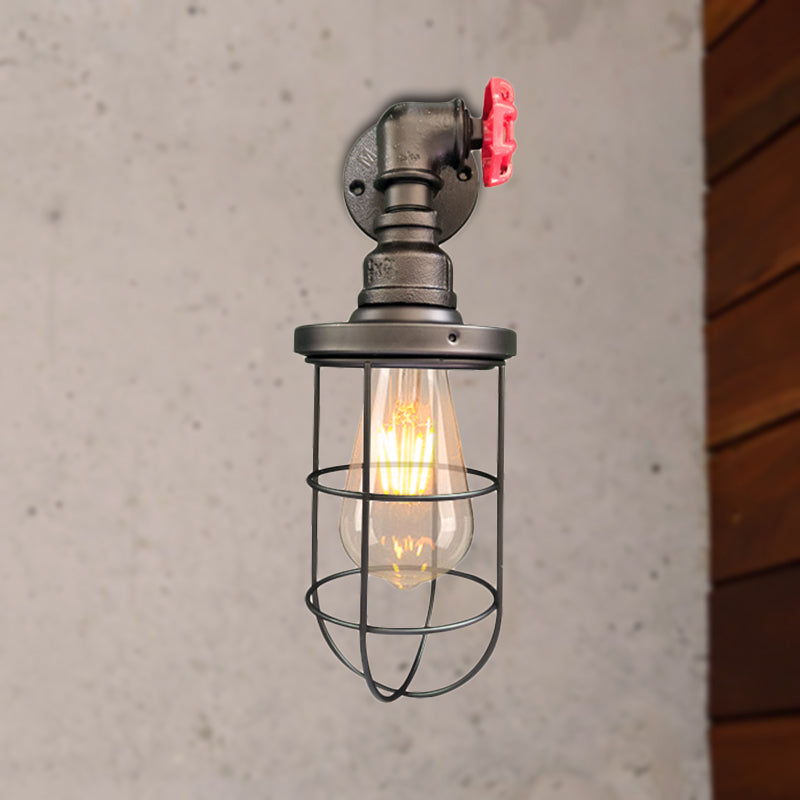 Avtoit | Wire frame corridor wall lamp iron 1 head farmhouse wall lighting with red shade design in antique bronze/black