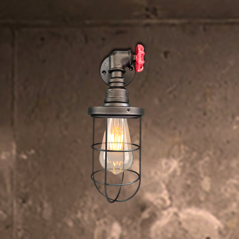 Avtoit | Wire frame corridor wall lamp iron 1 head farmhouse wall lighting with red shade design in antique bronze/black
