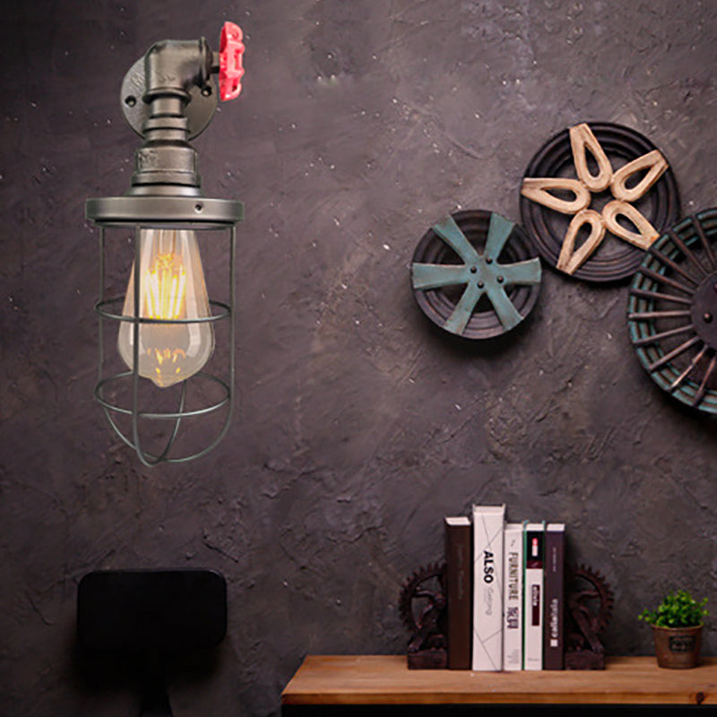 Avtoit | Wire frame corridor wall lamp iron 1 head farmhouse wall lighting with red shade design in antique bronze/black