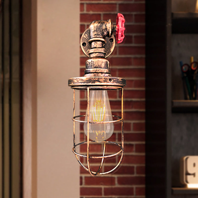 Avtoit | Wire frame corridor wall lamp iron 1 head farmhouse wall lighting with red shade design in antique bronze/black