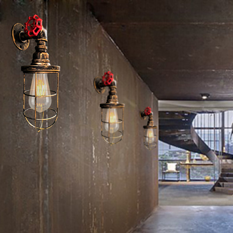 Avtoit | Wire frame corridor wall lamp iron 1 head farmhouse wall lighting with red shade design in antique bronze/black