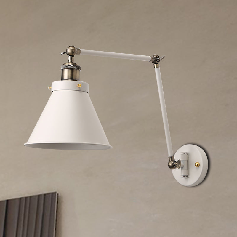 Avtoit | Cone Wall Lamp Fixture Industrial Style Metal 1 Bulb Black/White Wall Light with Swing Arm for Bedroom