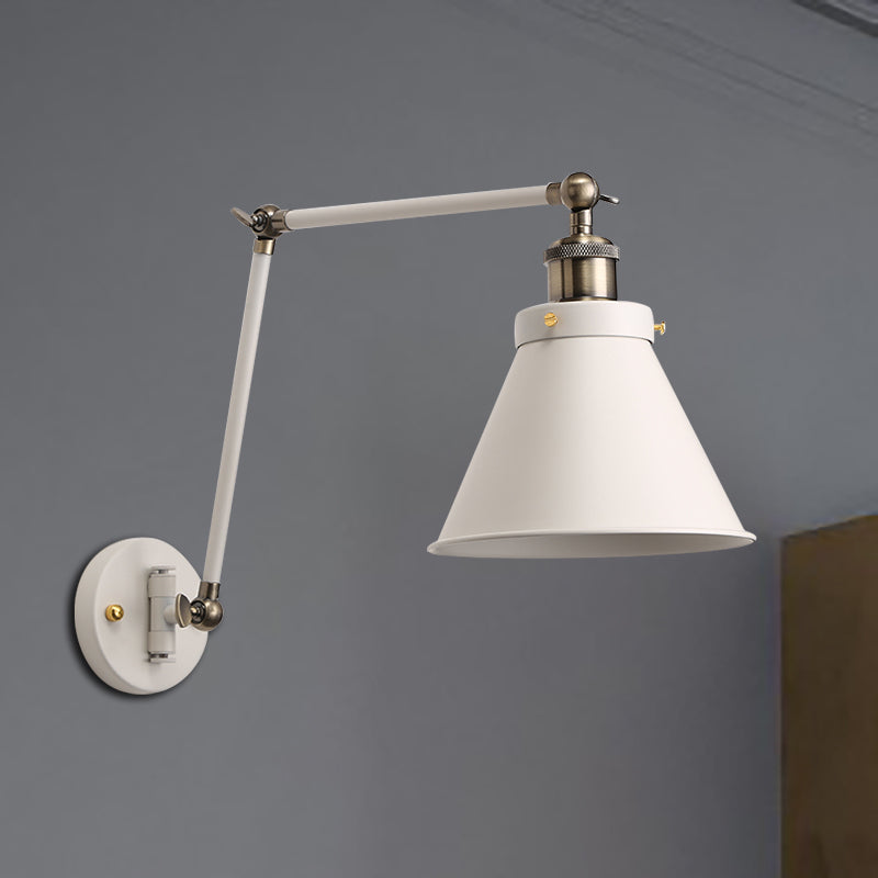 Avtoit | Cone Wall Lamp Fixture Industrial Style Metal 1 Bulb Black/White Wall Light with Swing Arm for Bedroom