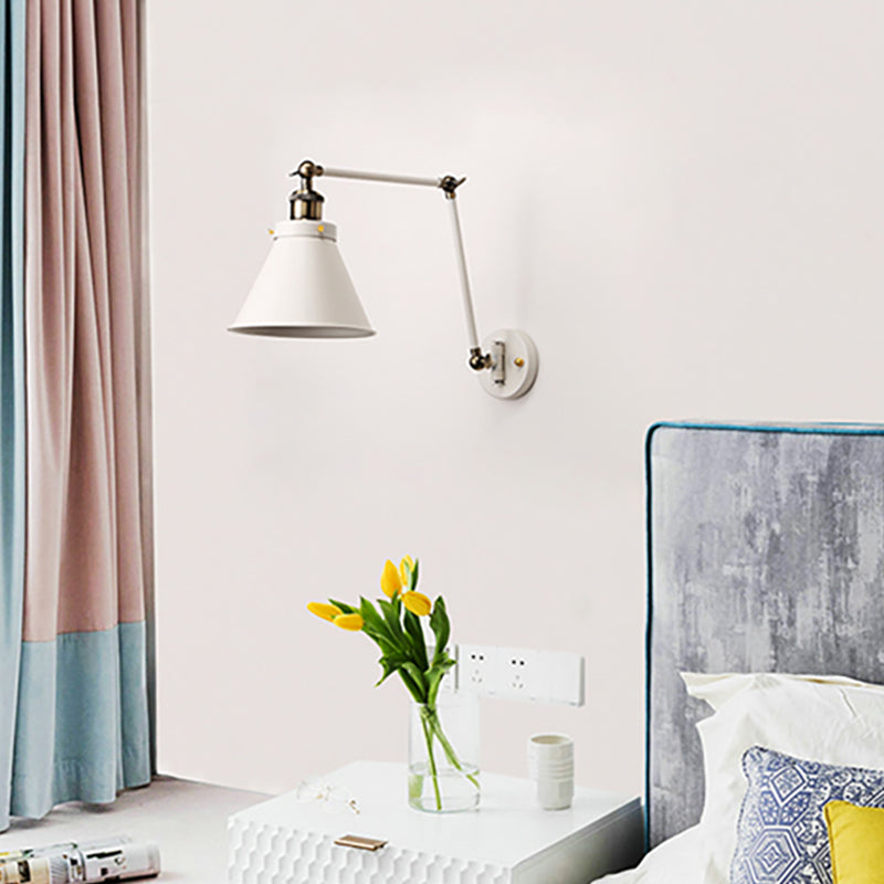Avtoit | Cone Wall Lamp Fixture Industrial Style Metal 1 Bulb Black/White Wall Light with Swing Arm for Bedroom