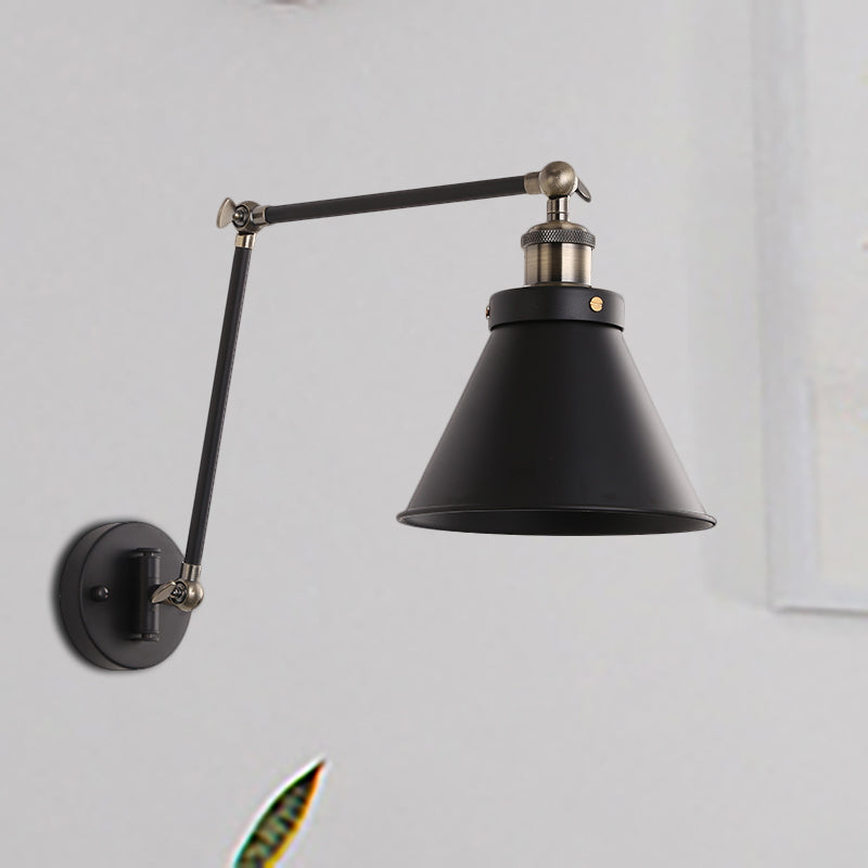 Avtoit | Cone Wall Lamp Fixture Industrial Style Metal 1 Bulb Black/White Wall Light with Swing Arm for Bedroom