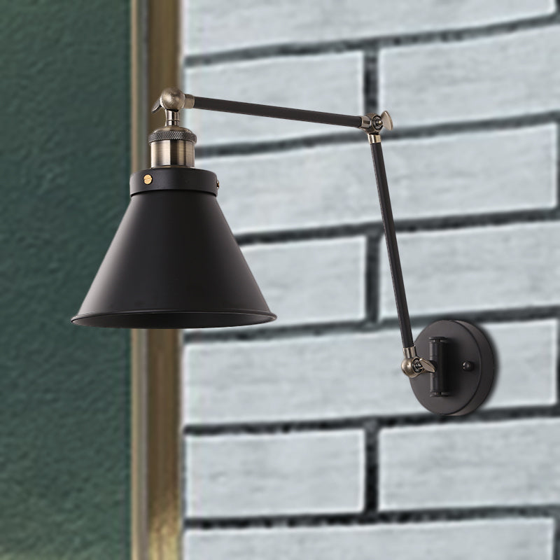 Avtoit | Cone Wall Lamp Fixture Industrial Style Metal 1 Bulb Black/White Wall Light with Swing Arm for Bedroom