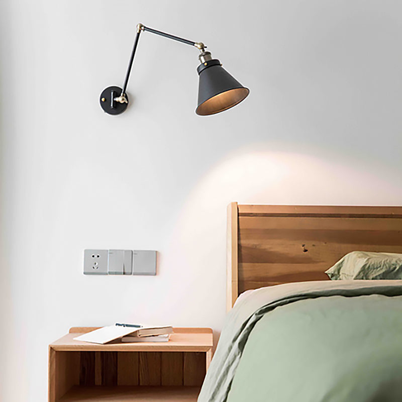 Avtoit | Cone Wall Lamp Fixture Industrial Style Metal 1 Bulb Black/White Wall Light with Swing Arm for Bedroom