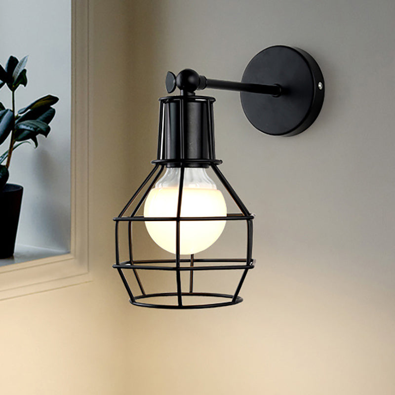 Avtoit | Globe Bedroom Wall Light Lamp Metal 1 Head Industrial Style Rotatable Wall Lamp with Wire Guard in Black