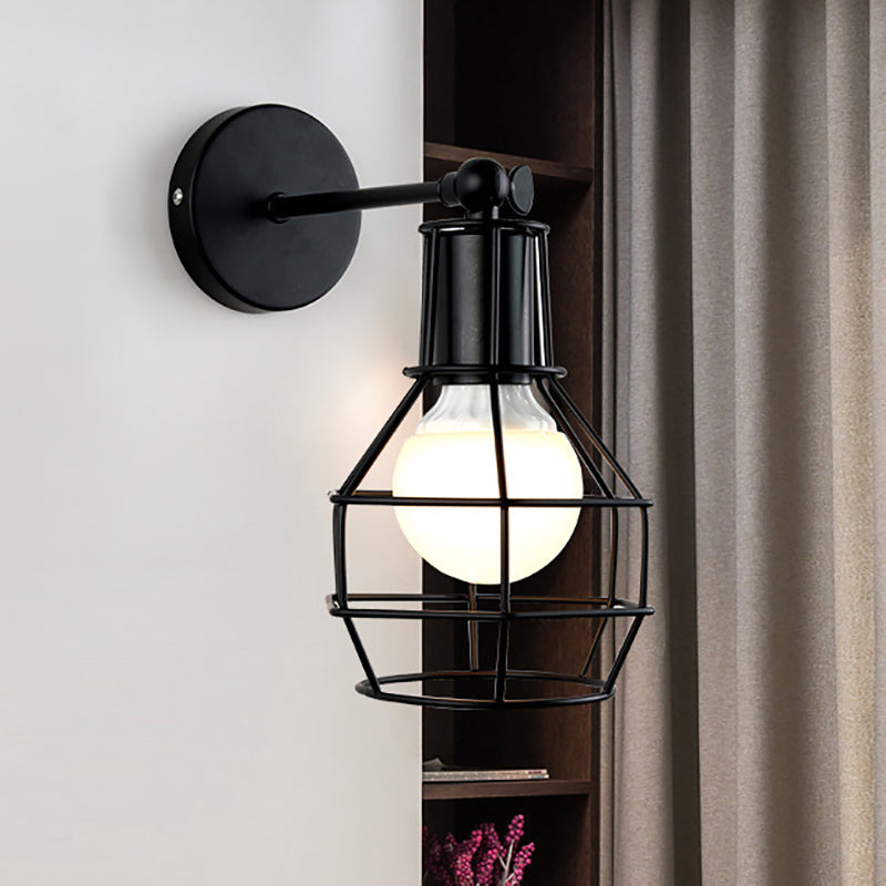 Avtoit | Globe Bedroom Wall Light Lamp Metal 1 Head Industrial Style Rotatable Wall Lamp with Wire Guard in Black