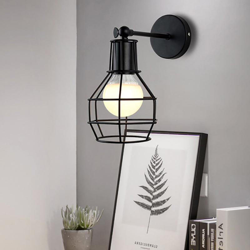 Avtoit | Globe Bedroom Wall Light Lamp Metal 1 Head Industrial Style Rotatable Wall Lamp with Wire Guard in Black