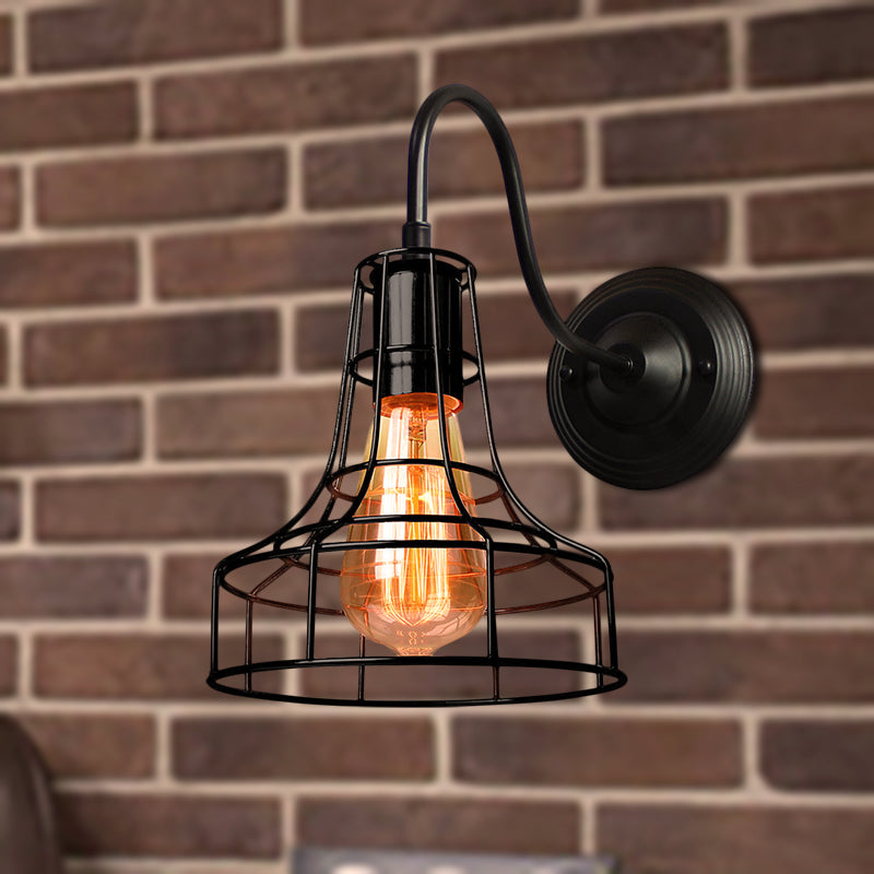 Avtoit | Metal Shed Wall Lamp Industrial Style 1 Lamp Black Wall Mounted Lamp with Wire Frame and Gooseneck Arm