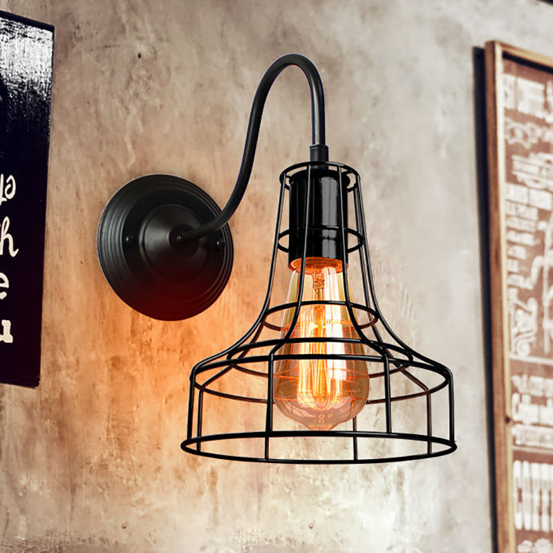 Avtoit | Metal Shed Wall Lamp Industrial Style 1 Lamp Black Wall Mounted Lamp with Wire Frame and Gooseneck Arm