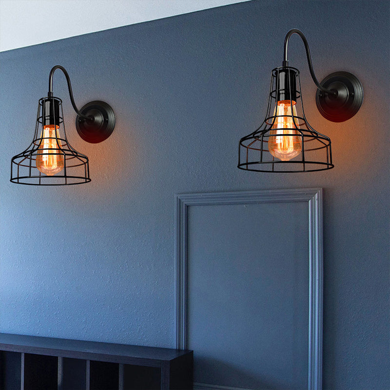 Avtoit | Metal Shed Wall Lamp Industrial Style 1 Lamp Black Wall Mounted Lamp with Wire Frame and Gooseneck Arm
