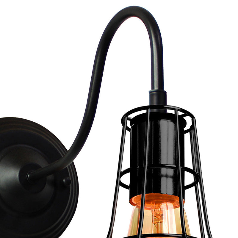 Avtoit | Metal Shed Wall Lamp Industrial Style 1 Lamp Black Wall Mounted Lamp with Wire Frame and Gooseneck Arm