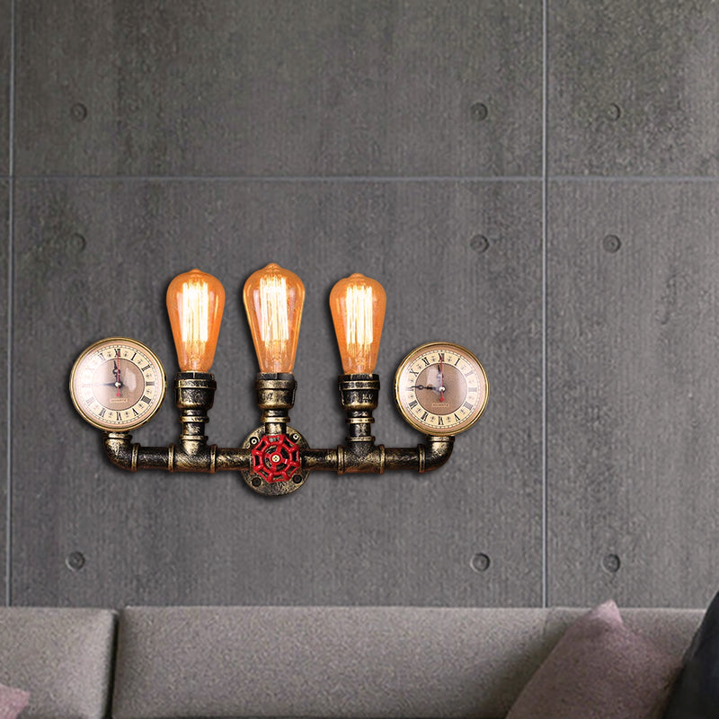 Avtoit | Antique Brass Pipe Wall Lamp Rustic Stylish 3 Heads Wrought Iron Wall Lamp Fixture with Manometer and Valve Deco