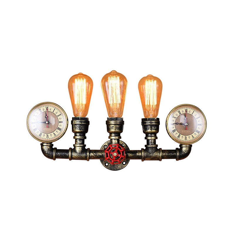 Avtoit | Antique Brass Pipe Wall Lamp Rustic Stylish 3 Heads Wrought Iron Wall Lamp Fixture with Manometer and Valve Deco