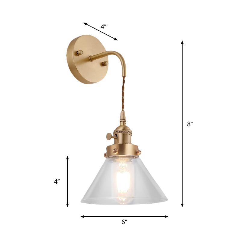 Avtoit | Clear Conical Glass Shade Wall Lamp Vintage Retro 1 Light Wall Lamp Wall Light in Brass