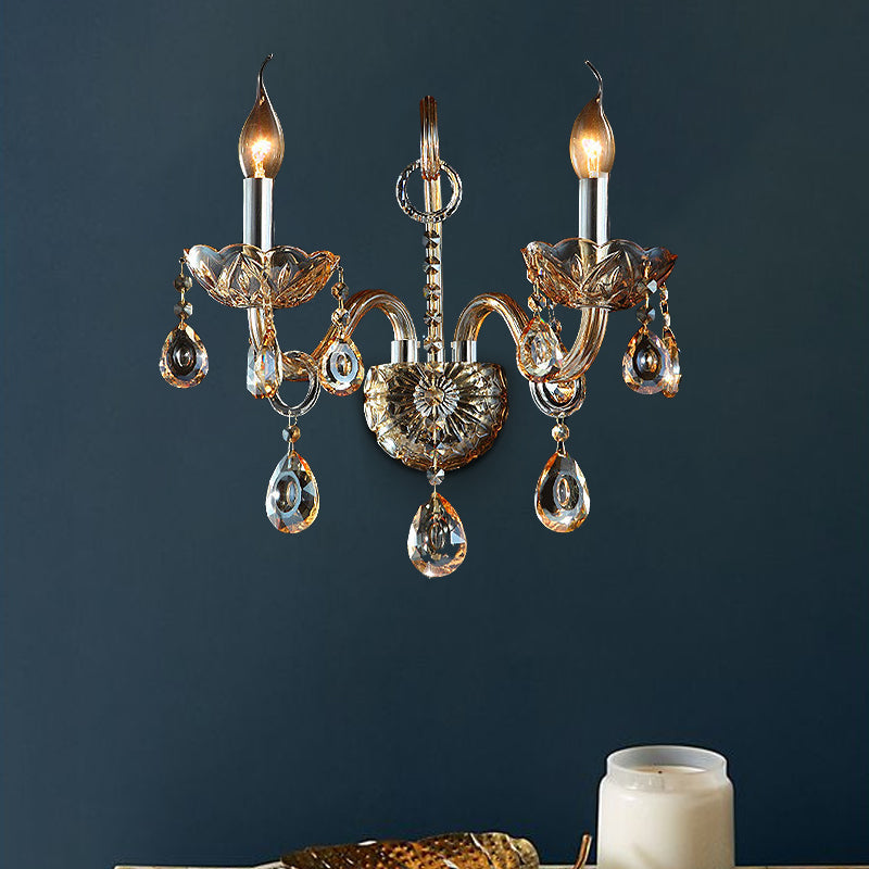 Avtoit | Amber Glass Candle Holder Light Modernism 1/2 Heads Bedroom Wall Light Lamp with Crystal Drop Accent