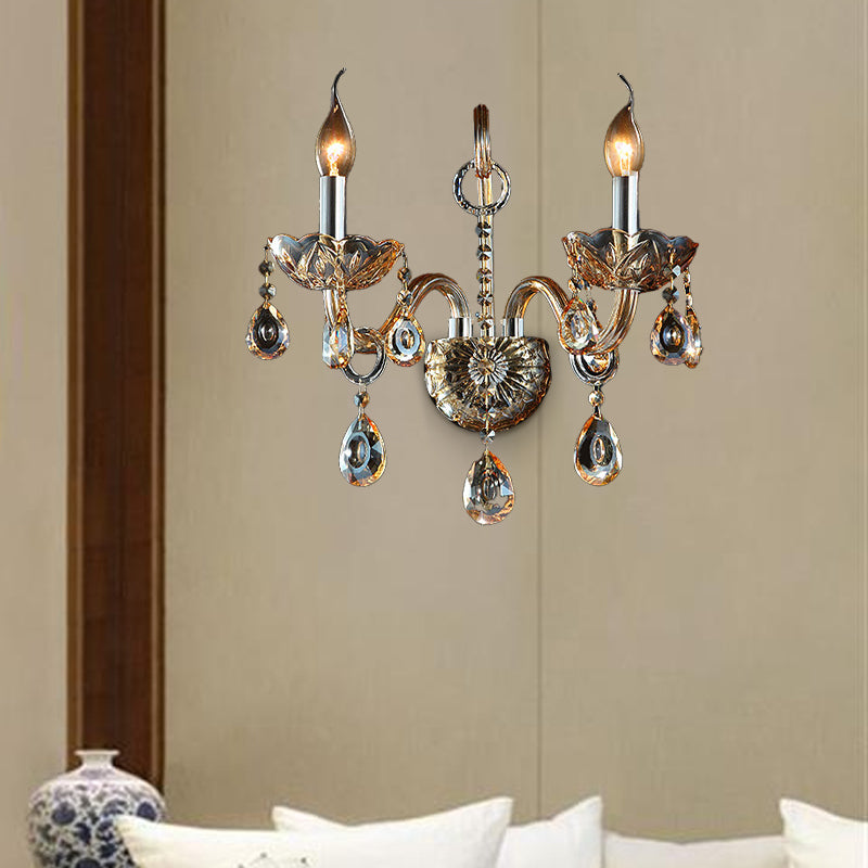 Avtoit | Amber Glass Candle Holder Light Modernism 1/2 Heads Bedroom Wall Light Lamp with Crystal Drop Accent