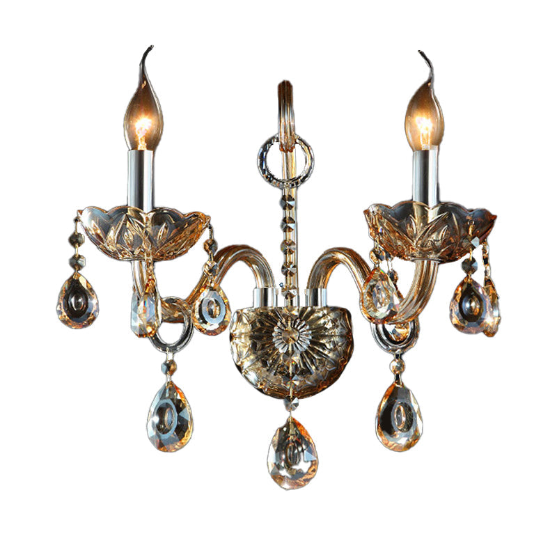 Avtoit | Amber Glass Candle Holder Light Modernism 1/2 Heads Bedroom Wall Light Lamp with Crystal Drop Accent