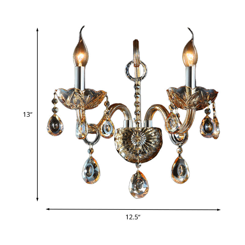 Avtoit | Amber Glass Candle Holder Light Modernism 1/2 Heads Bedroom Wall Light Lamp with Crystal Drop Accent