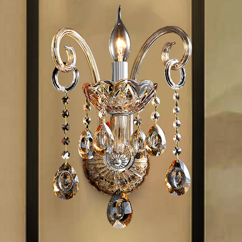 Avtoit | Amber Glass Candle Holder Light Modernism 1/2 Heads Bedroom Wall Light Lamp with Crystal Drop Accent